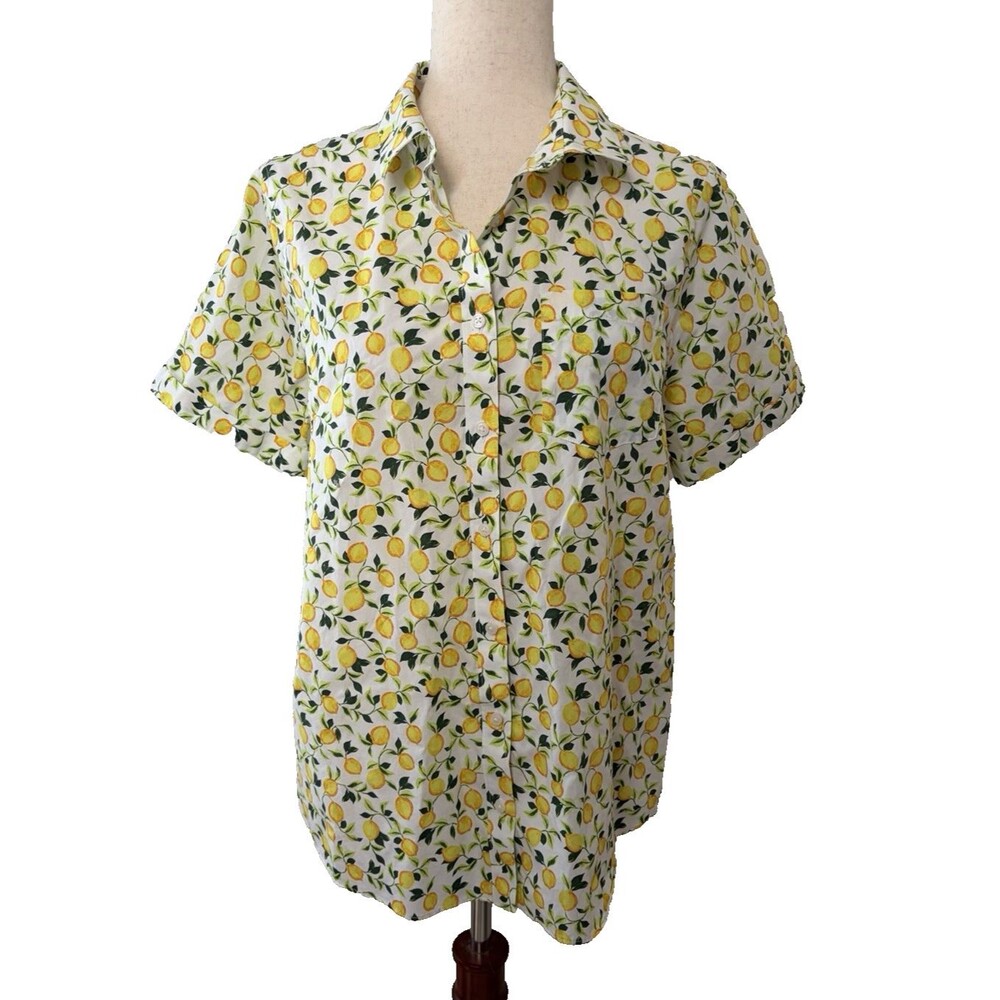 Lands End Women’s M 10-12  Lemon Print Short Sleeve Button Down Top Cotton